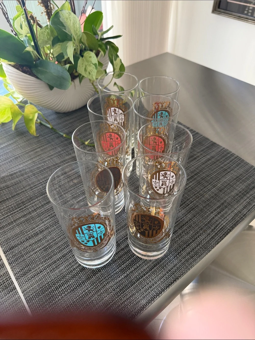 Gold Crest Highball Glasses with Blue and Brown Accents - Set of 8